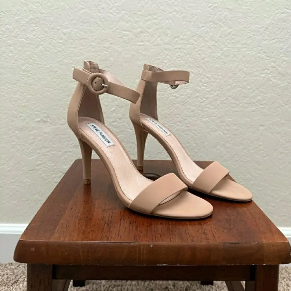 Steve Madden Elegant Tan Stiletto Ankle Strap Heels - Picture 2 of 5